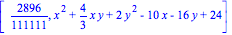 [2896/111111, x^2+4/3*x*y+2*y^2-10*x-16*y+24]